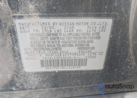 2020 Nissan Kicks Sv Xtronic Cvt из США, поврежденный, VIN 3N1CP5CV8LL518722